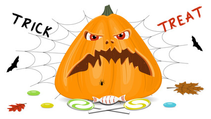 Halloween pumpkin on a white background, orange pumpkin with different shapes and faces. Vector illustration.