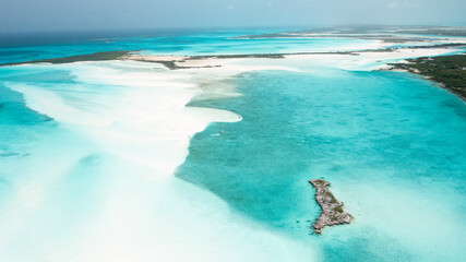 Aerial view of Man O War sandbar in Exuma, Bahamas