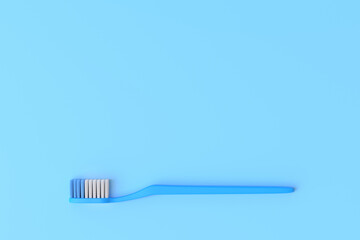 Close-up plastic toothbrush on the blue background with copy space. 3d rendering illustration