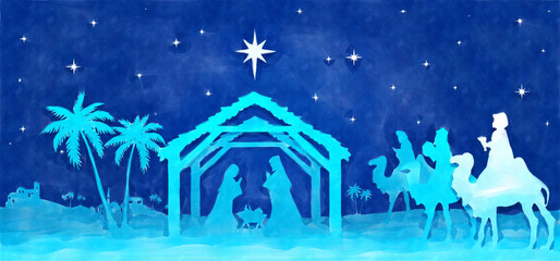 Blue Christmas Nativity Scene background. Three Wise Men arrived to the manger in the desert. Watercolor painting sketch. Greeting card background.