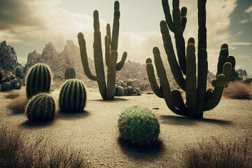 Saguaro cactus on desert landscape.