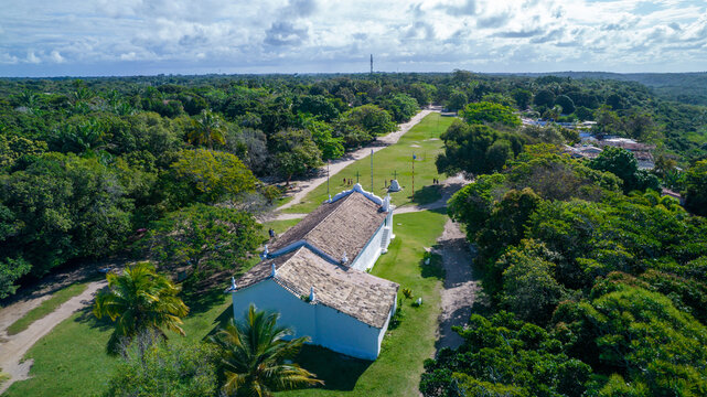 Aerial view of Trancoso, Porto Seguro, Bahia, Brazil. Small chapel in the historic center of Trancoso, called Quadrado. With the sea in the background