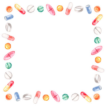 Square frame of pills. Place for text. Watercolor illustration. Isolated on a white background. For design of medical materials etc.