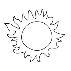 Sun with beams crown cartoon black and white contour outline drawing vector illustration isolated on white. Sunshine weather icon or logo summer clipart design element. Simple hand drawn shape.