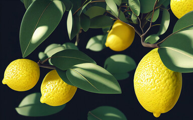 Lemon with green leaves on tree branch isolated on black background. 