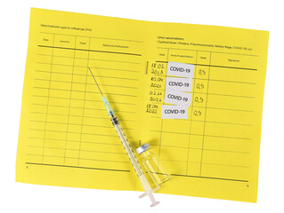 Concept for Corona virus booster vaccination showing vaccine passport with 4 entries on transparent...
