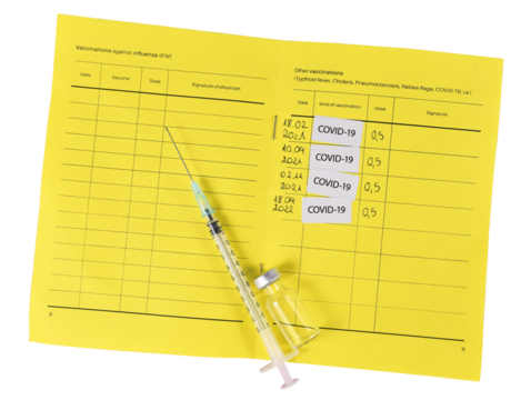 Concept for Corona virus booster vaccination showing vaccine passport with 4 entries on transparent background