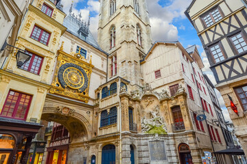 The Gros Horloge, the medieval astronomical clock on the main street of Rouen France	 - obrazy, fototapety, plakaty