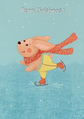 Cute cartoon bunny boy skating on an ice rink . Winter fun activity. Merry Christmas greeting card 