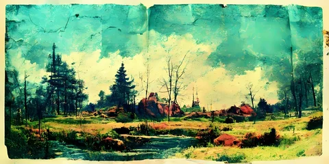Zelfklevend Fotobehang landschap op oud papier grunge © Einars