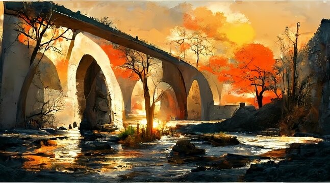 scenery of river pass under old bridge at sunset digit 