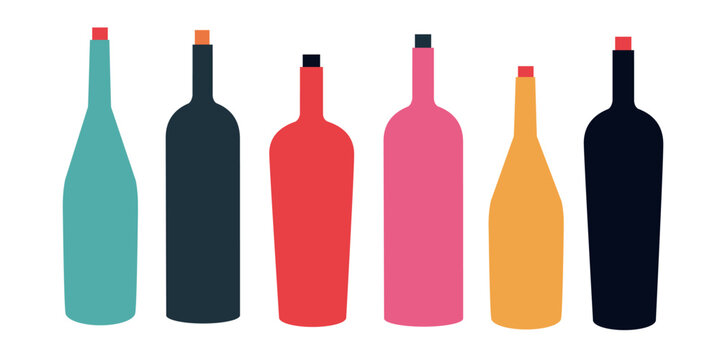 Various Bottles of wine. Different shapes and colors of bottles. Prosecco, Rose, Brut, wine