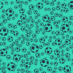 Black Soccer football ball icon isolated seamless pattern on green background. Sport equipment. Vector