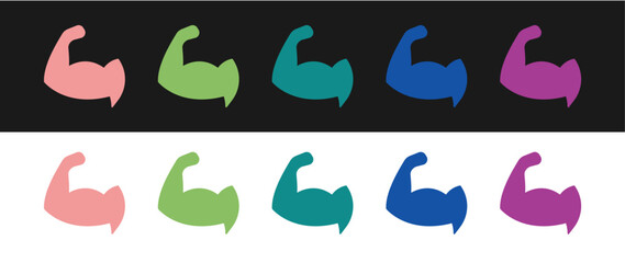 Set Bodybuilder showing his muscles icon isolated on black and white background. Fit fitness strength health hobby concept. Vector