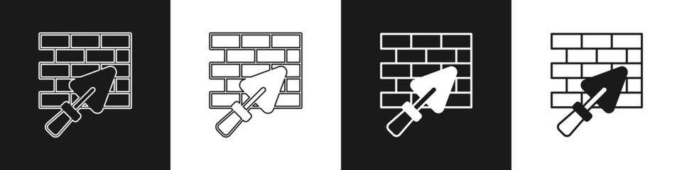 Set Brick wall with trowel icon isolated on black and white background. Vector