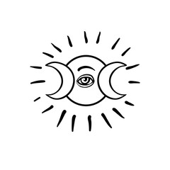 Moon symbol. Tattoo style. Vector illustration in black outlines isolated on white.