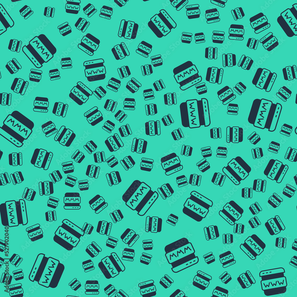 Poster black browser window icon isolated seamless pattern on green background. vector