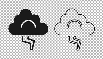 Black Storm icon isolated on transparent background. Cloud and lightning sign. Weather icon of storm. Vector