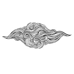 Vector black and white abstract hand-drawn ornate cloud. Tattoo style. Vector illustration in outlines isolated on white.