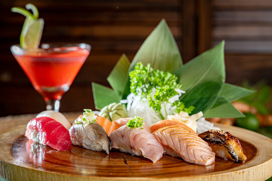 Assorted Nigiri Sushi with a Red Martini