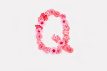 A letter Q made from real fresh flowers. Creative floral font concept. Unique collection of letters and numbers for design. Spring, summer, autumn and valentines, creative idea