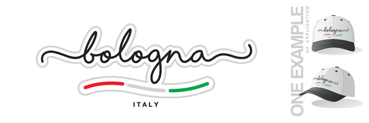 Bologna Italy, abstract Italy flag ribbon, new modern handwritten typography calligraphic logo icon with example of application © simbos