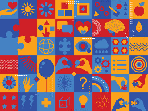 World autism awareness day, month. Colorful puzzles and another symbols vector background. Symbols of autism. Medical flat illustration. Health care