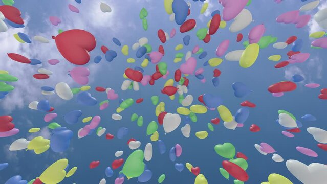 Heart Balloons rising up to the sky 3D animation.