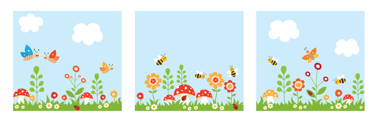 Set of nature landscape background with cute flowers, bees, butterflies, mushrooms, ladybugs, grass and clouds. Vector illustration.