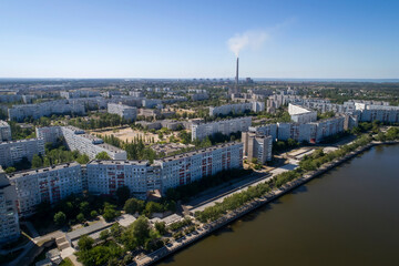 Fototapeta na wymiar Aerial view of town Energodar, Ukraine. The satellite city of Europe's most atomic power station. Aerial photography.