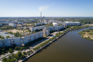 Aerial view of town Energodar, Ukraine. The satellite city of Europe's most atomic power station. Aerial photography.