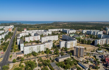 Fototapeta na wymiar Energodar, Ukraine - 08.30..2020 - Aerial view of town. The satellite city of Europe's most atomic power station. Aerial photography.