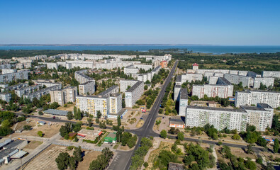 Aerial view of town Energodar, Ukraine. The satellite city of Europe's most atomic power station. Aerial photography.