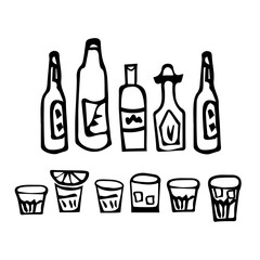 Doodle bar items, bottles, glasses. Line art illustrations 