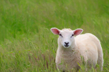 Closeup portrait of friendly looking sheep on fresh green meadow, digital oil painting with brush...