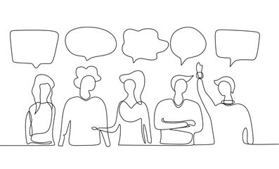 Vector illustration, single line, businessmen discuss social network, news, social networks, chat, dialogue speech bubbles vector