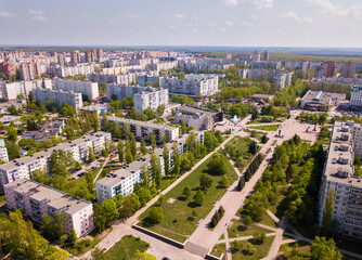 Aerial panoramic view of Stary Oskol cityscape in summer day, Russia..