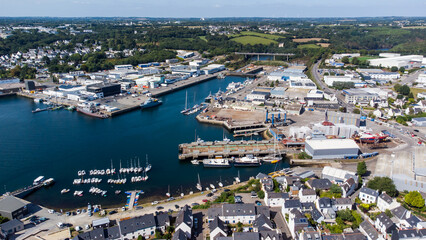 Fototapeta na wymiar Aerial view of Concarneau, a medieval walled city in Brittany, France - Modern French harbour in the Atlantic Ocean