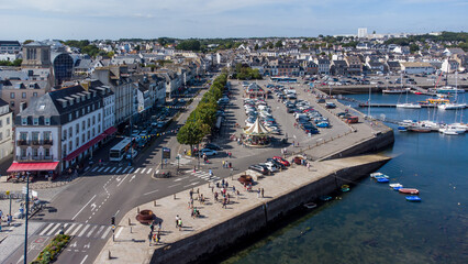 Aerial view of Concarneau, a medieval walled city in Brittany, France - Embankment with a modern...