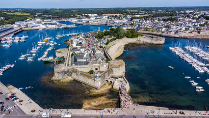 Aerial view of Concarneau, a medieval walled city in Brittany, France - Clock tower in the corner...