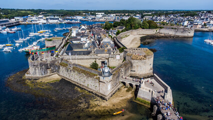 Aerial view of Concarneau, a medieval walled city in Brittany, France - Clock tower in the corner...