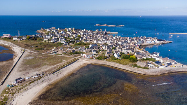 Small insular village of Île de Sein off the coast of Brittany in France, on the island of the same name - Remote houses on a tiny island in the Atlantic Ocean