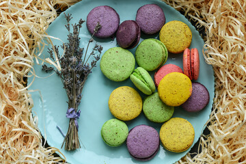 Top view of colorful macaroons on blue plate, decorated with lavender flowers, placed on decorative...