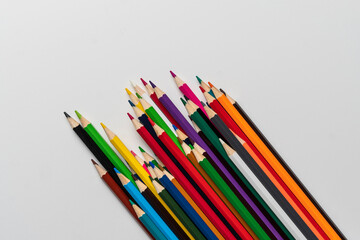 bunch of colored pencils flat lay view from above