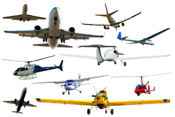 Collage of different modern airplanes isolated on white background