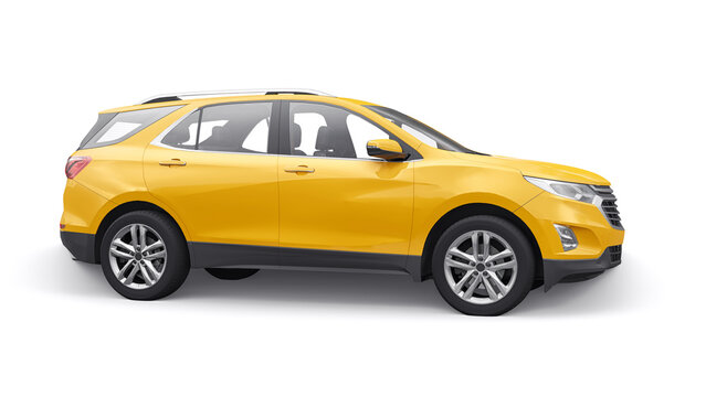 San Diego. USA. January 3, 2022. Chevrolet Equinox 2017. yellow mid-size city SUV for a family on a white background. 3d rendering.