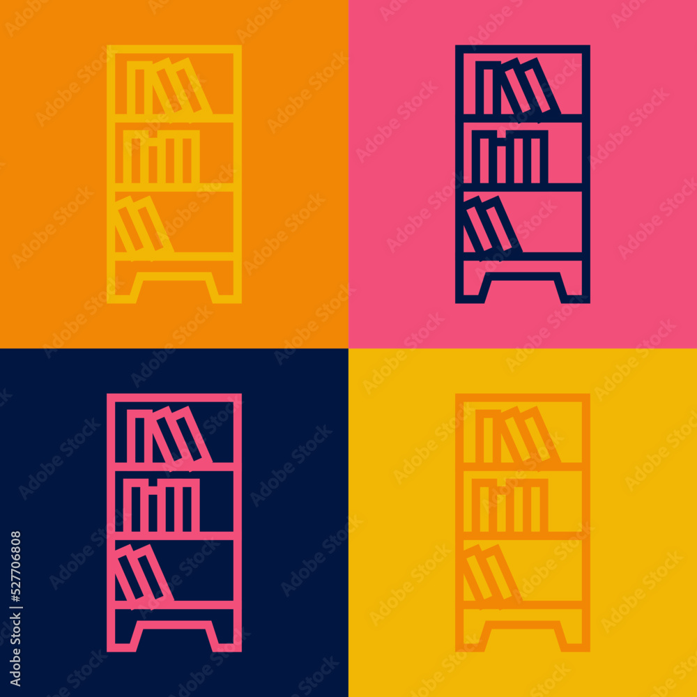 Poster pop art line library bookshelf icon isolated on color background. vector