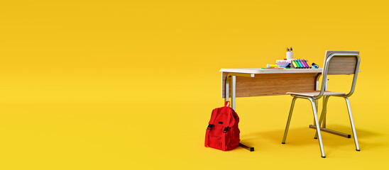 Modern school desk with school accessories and red backpack on honey yellow background, learning and doing homework concept, 3D Rendering, 3D Illustration