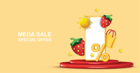 Summer sale vector banner design with strawberries. Summer sale in white empty space for text with discount for seasonal sale.