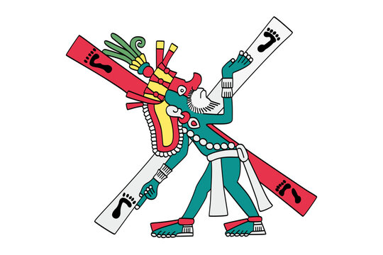 Xolotl at a crossroads. Aztec god of fire, lightning, monsters, misfortune, sickness and deformities. Associated with heavenly fire. Evil twin brother of Quetzalcoatl. Dark personification of Venus.